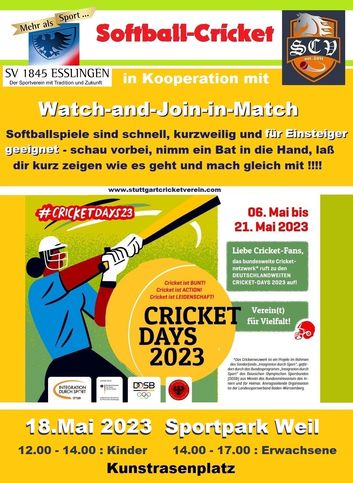 18. Mai Cricket Days im Sportpark Weil